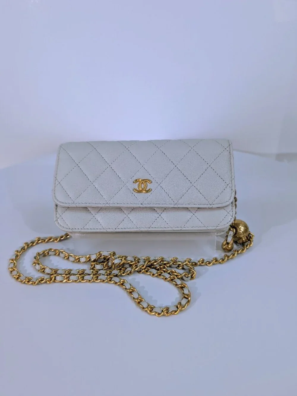 Chanel Light Grey Wallet on Chain (WOC) with Gold Charm